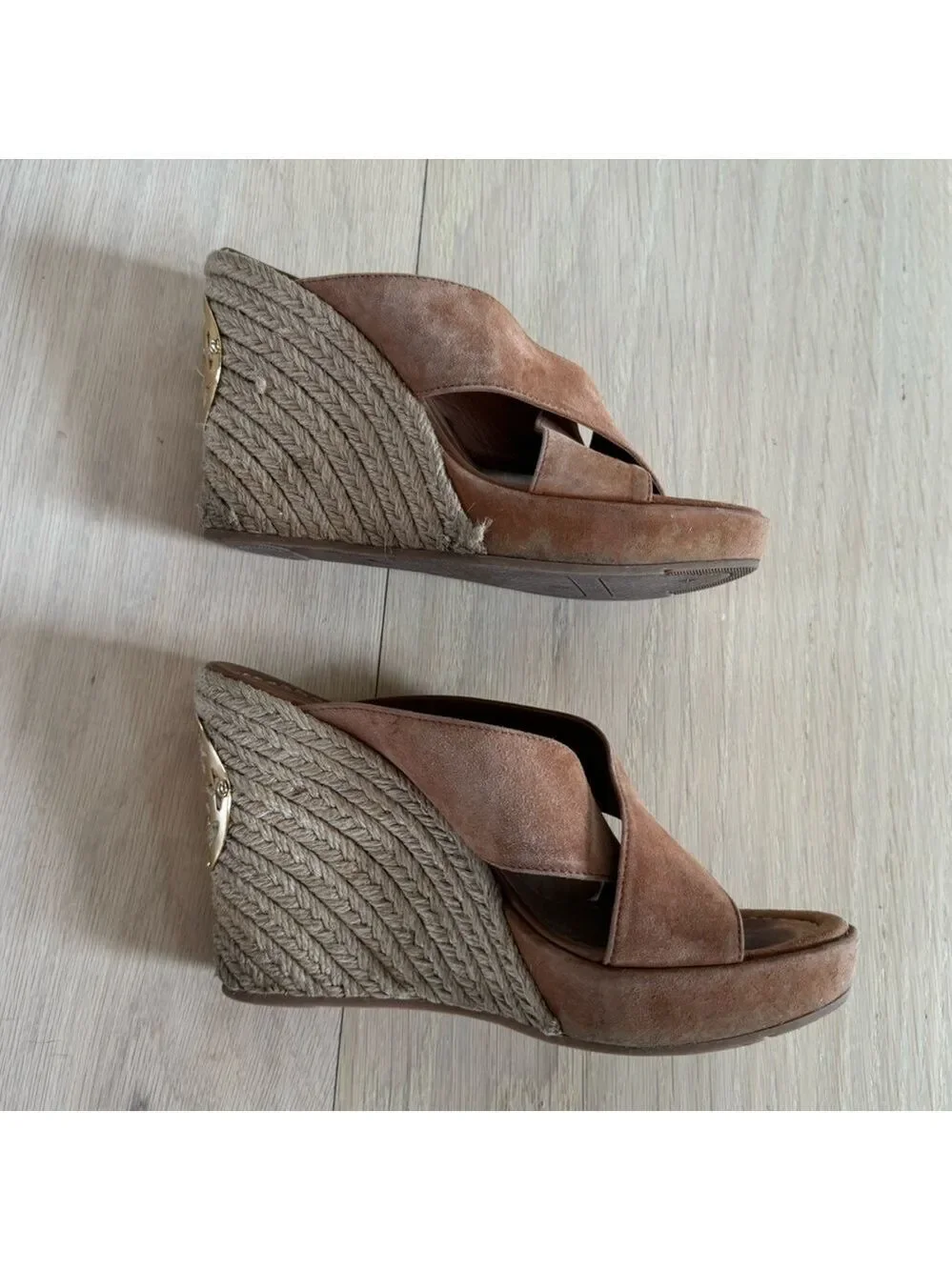 Tory Burch Wedges Shoes High Heels Brown And Gold Size 7.5